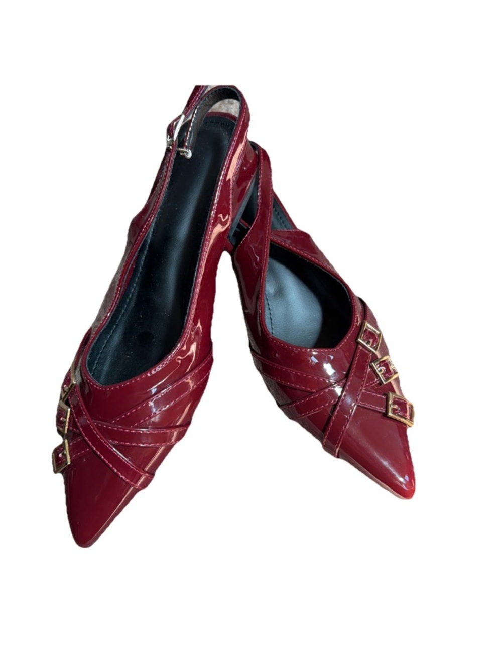 🆕Patent Pointed Slingback Block Heel Triple Buckle Detail - Cherry Red SZ 8.5